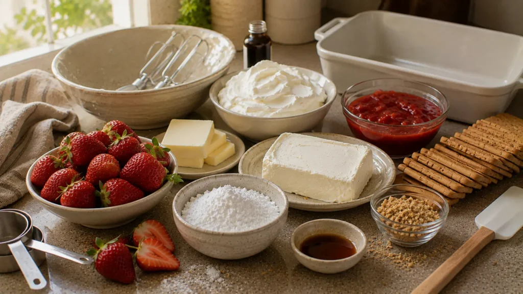 Ingredients for strawberry lasagna dessert including fresh strawberries, cream cheese, cookie crumbs, butter and whipped cream.