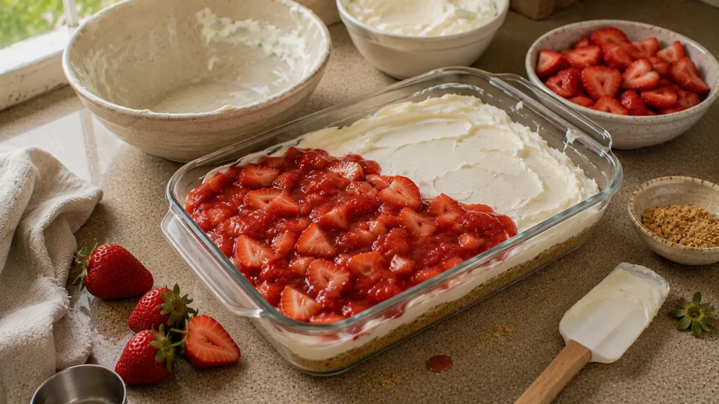 Strawberry lasagna dessert being layered with cream cheese and fresh strawberry filling in a baking dish.