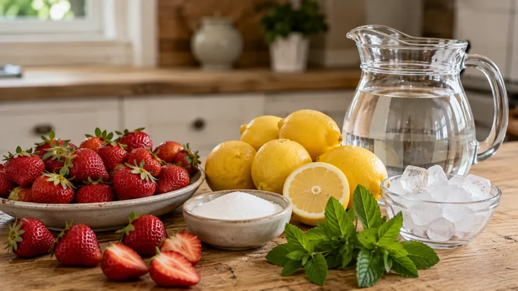 Fresh strawberries, lemons, sugar, water and ice for making homemade strawberry lemonade.