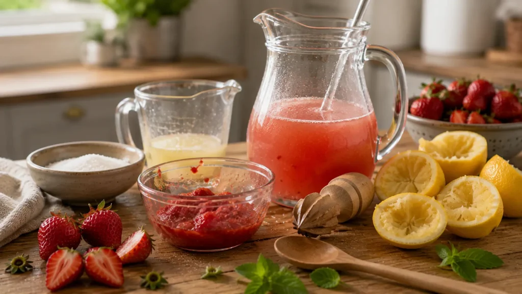 Fresh strawberry puree and lemon juice being prepared for homemade strawberry lemonade.