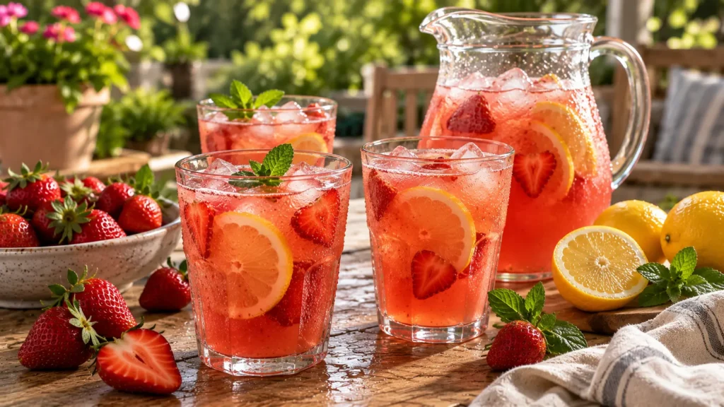 Cold strawberry lemonade served over ice with fresh strawberries, lemon slices and mint.