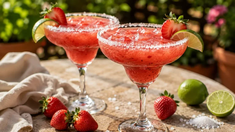 Fresh strawberry margaritas with strawberries, lime, ice and salted glass rims.