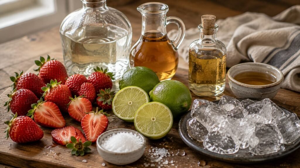 Fresh strawberries, limes, tequila, orange liqueur, agave and ice for strawberry margaritas.