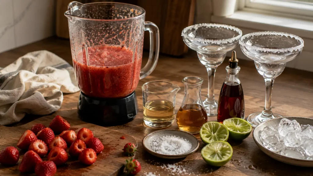 Fresh strawberry margarita mixture being prepared with strawberries, lime and ice.
