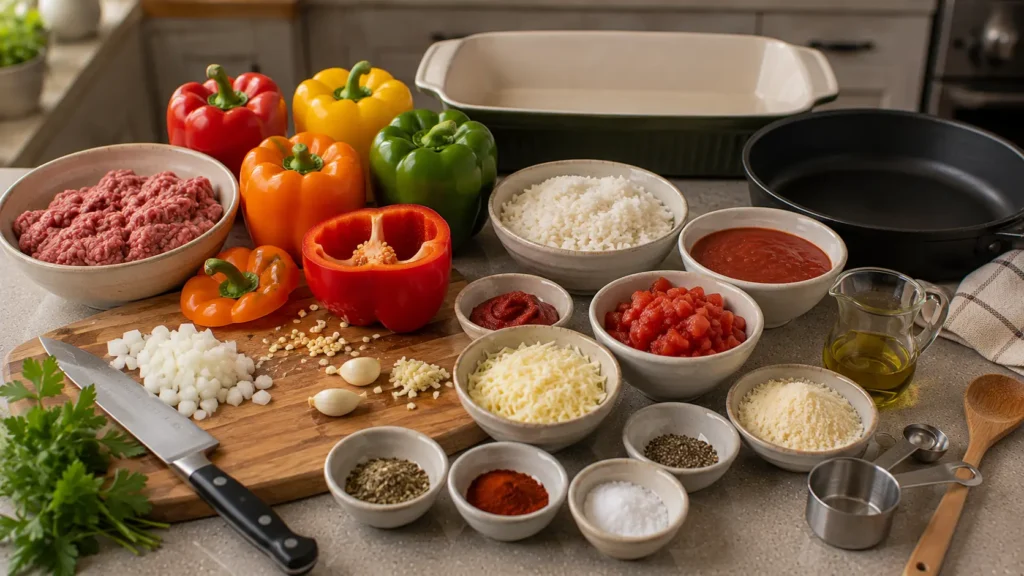 Bell peppers, ground beef, cooked rice, tomato sauce, onion, garlic, Parmesan, and mozzarella for stuffed peppers.