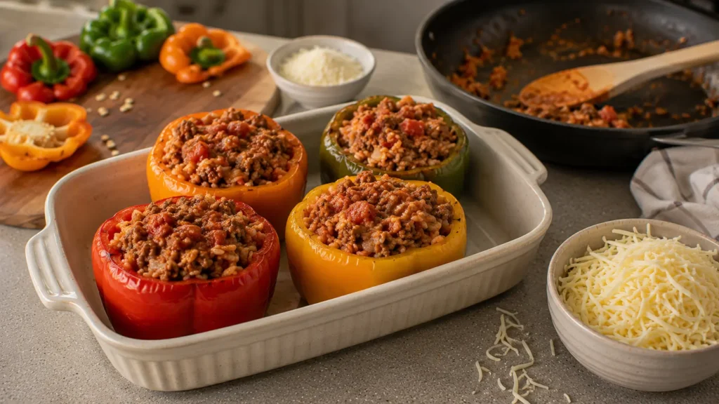 Partially baked bell peppers filled with cooked beef, rice, and tomato mixture before adding mozzarella and final baking.
