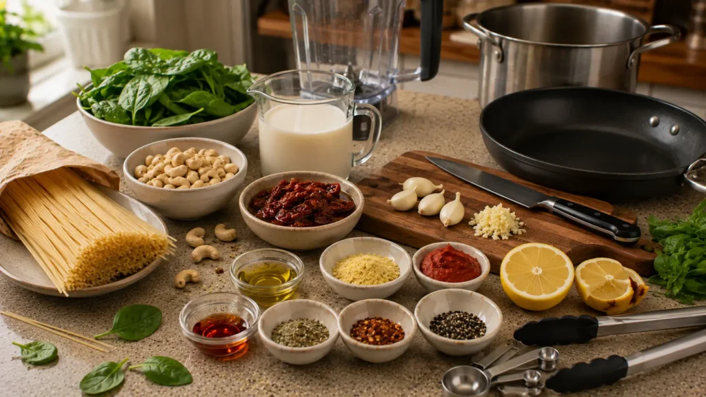 Linguine, cashews, sun-dried tomatoes, spinach, garlic, plant milk, nutritional yeast, lemon, and basil for creamy vegan pasta.