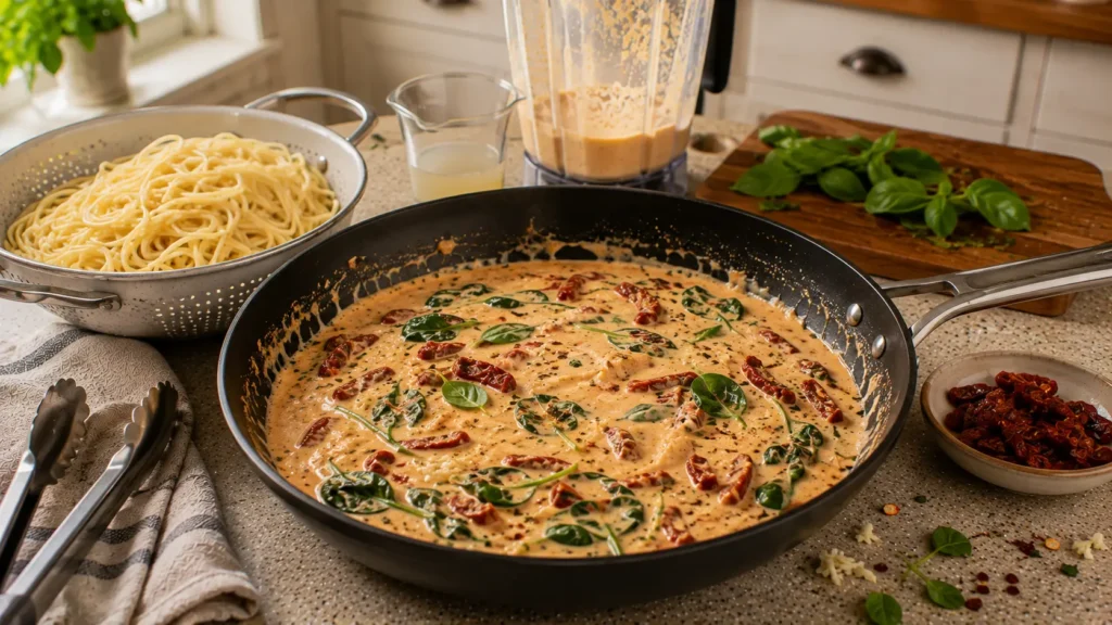 Creamy cashew sun-dried tomato sauce with partially wilted spinach in a skillet beside cooked linguine ready to be added.