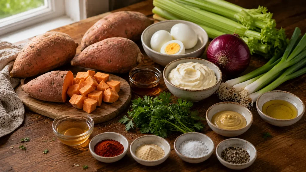 Ingredients for sweet potato salad including sweet potatoes, eggs, celery, onion and creamy dressing.