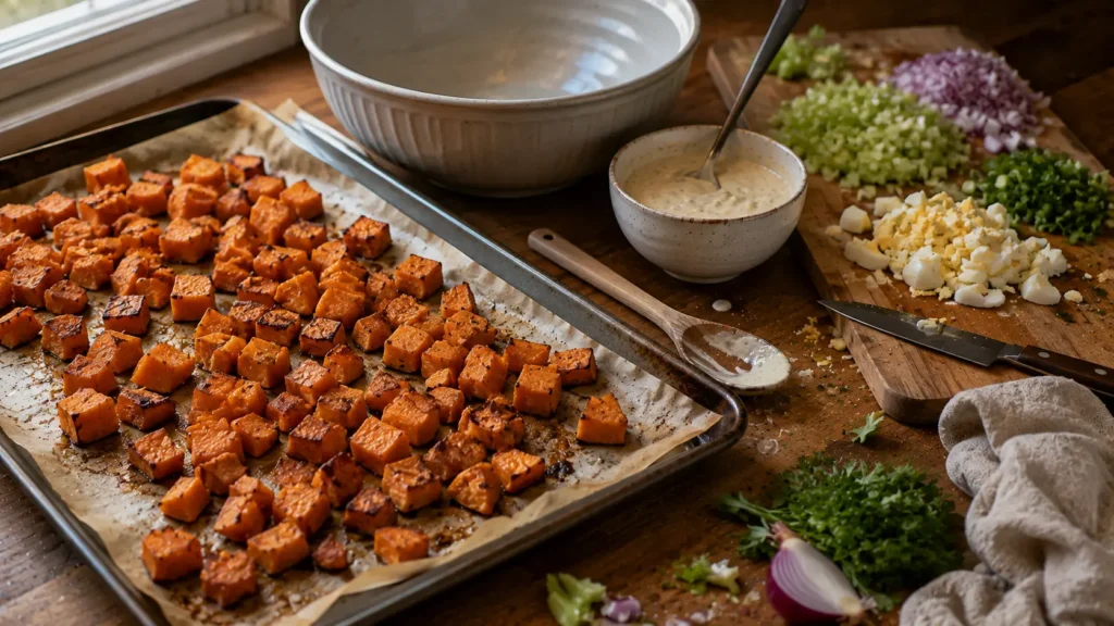 Roasted sweet potato cubes and fresh ingredients being prepared for sweet potato salad.