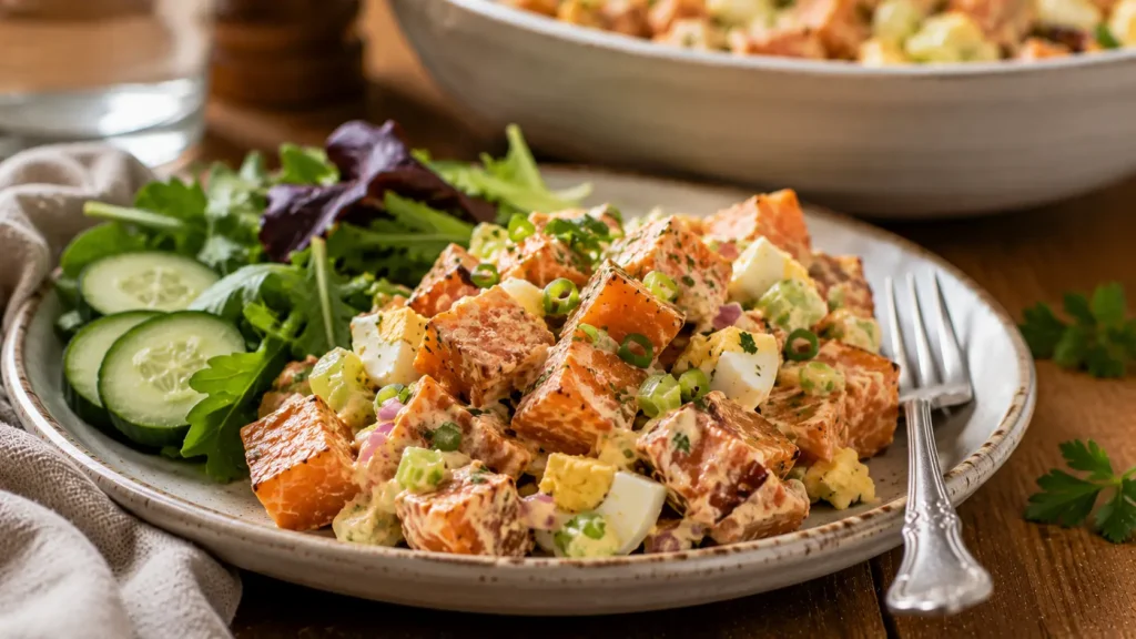 Creamy roasted sweet potato salad served with eggs, celery, red onion and fresh parsley.
