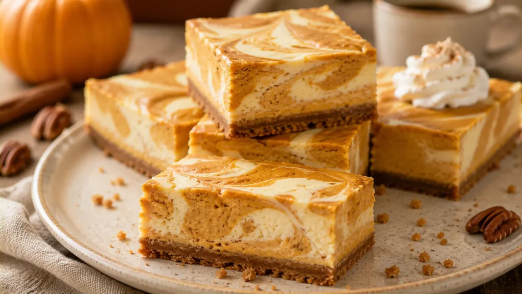 Swirled pumpkin cheesecake bars with creamy vanilla and pumpkin cheesecake layers over a buttery graham cracker crust.