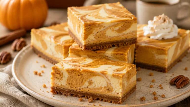Swirled pumpkin cheesecake bars with creamy vanilla and pumpkin cheesecake layers over a buttery graham cracker crust.