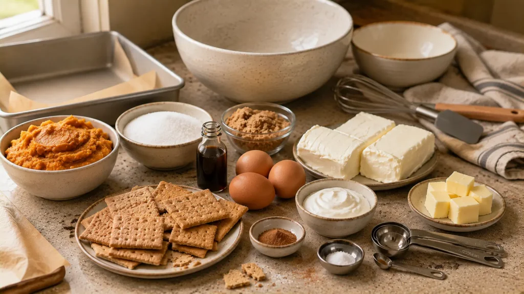 Ingredients for swirled pumpkin cheesecake bars including pumpkin puree, cream cheese, eggs, graham crackers, butter and fall spices.