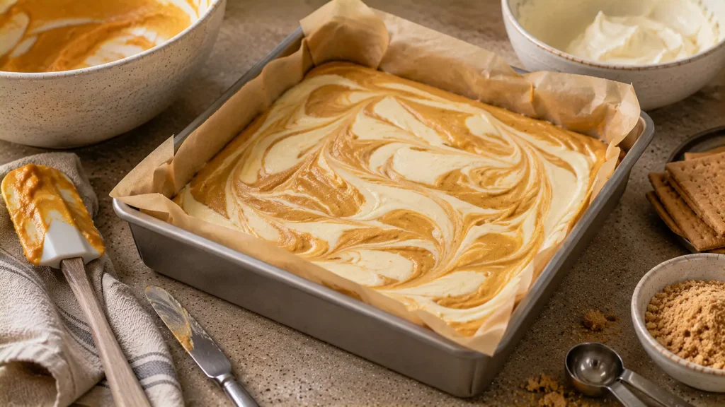 Unbaked pumpkin and vanilla cheesecake filling gently swirled over a graham cracker crust before baking.