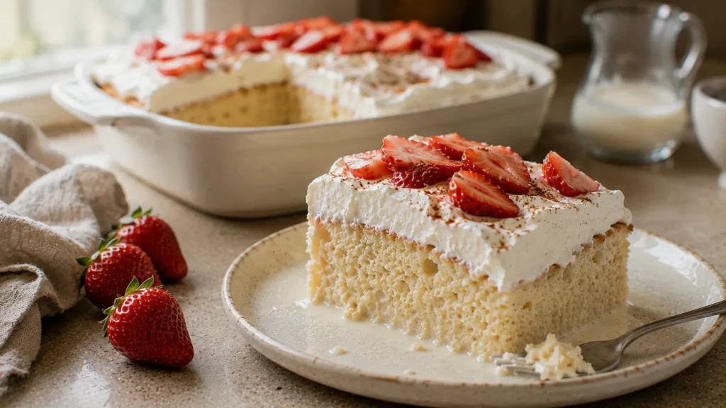 Moist Tres Leches Cake topped with whipped cream, fresh strawberries and a light dusting of cinnamon.