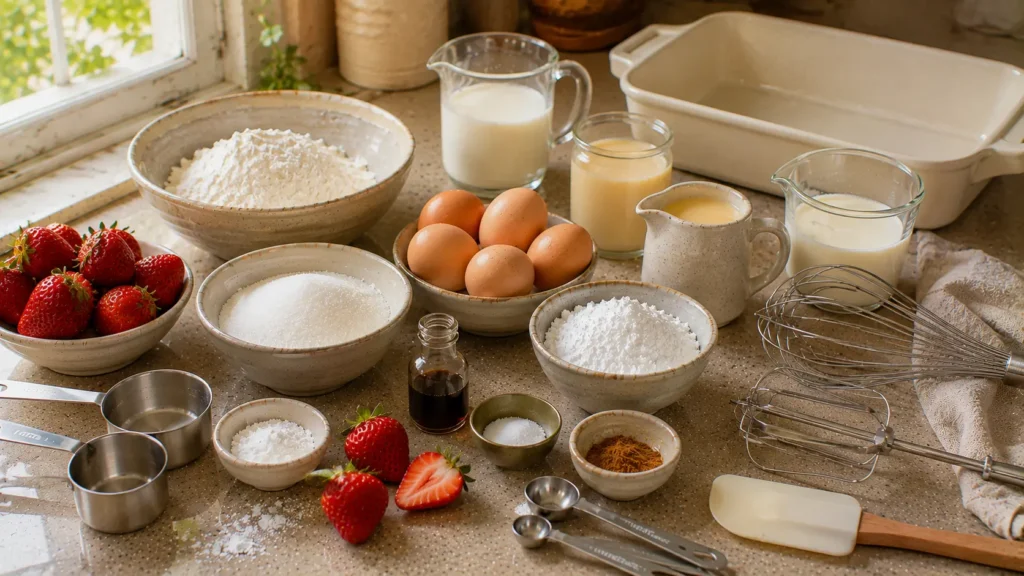 Ingredients for Tres Leches Cake including flour, eggs, condensed milk, evaporated milk, whole milk and whipping cream.