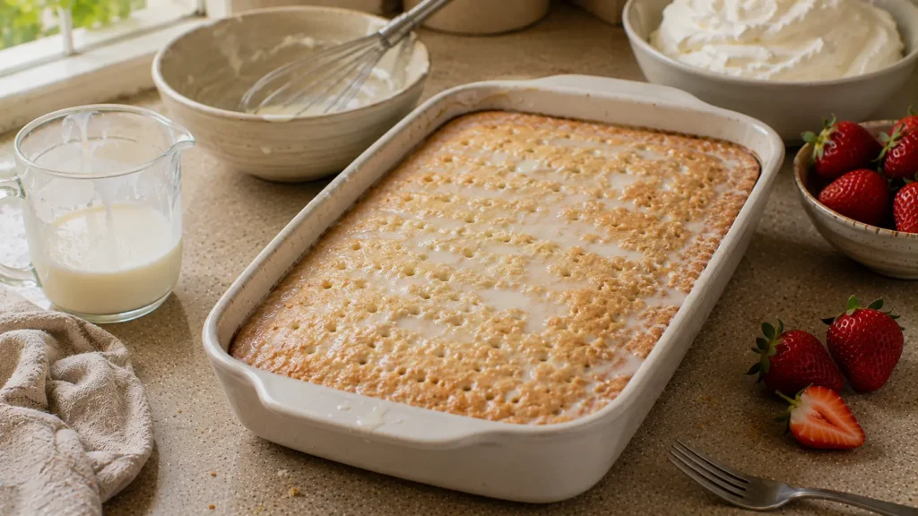 Freshly baked Tres Leches sponge cake absorbing the three-milk mixture in a baking dish.