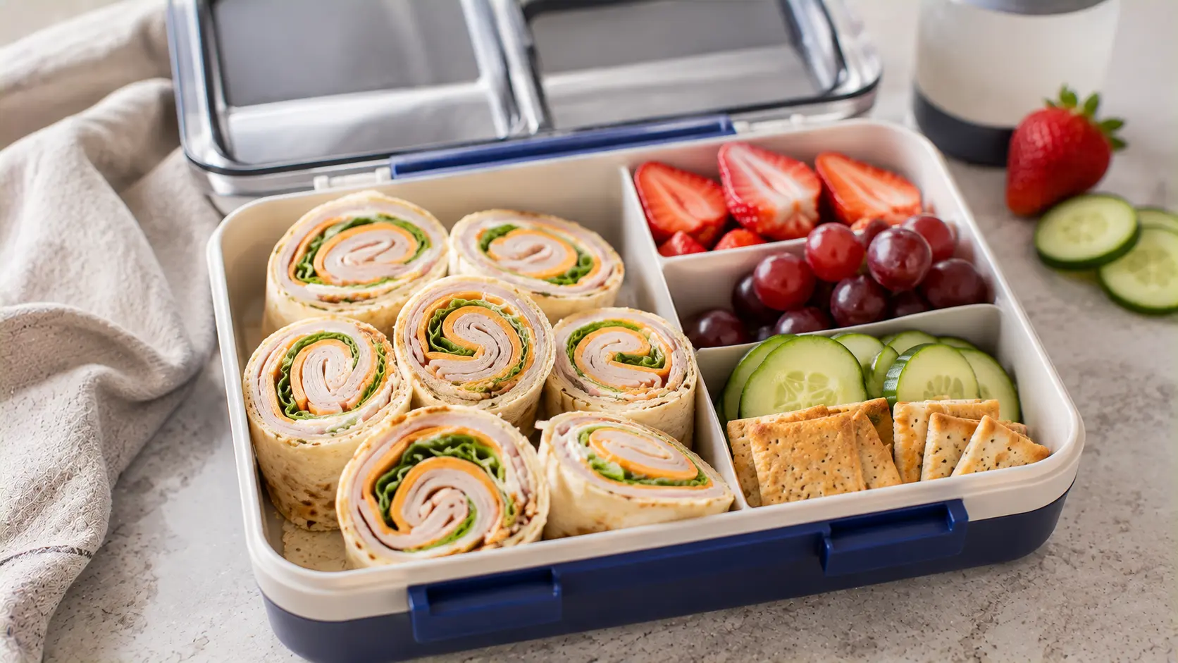 Turkey and cheese pinwheels packed in a kids lunch box with strawberries, grapes, cucumber and crackers.