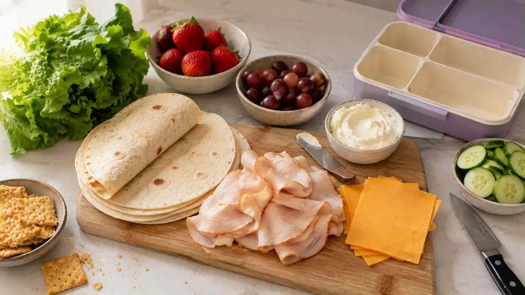 Ingredients for turkey and cheese pinwheels with tortillas, turkey, cheddar, cream cheese and lettuce.