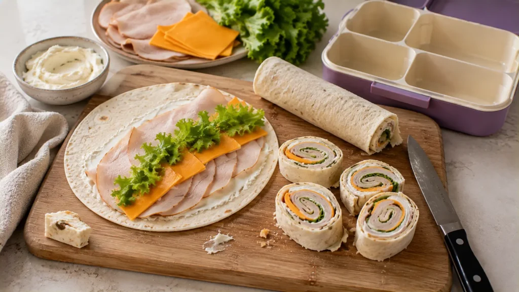 Turkey and cheese tortilla pinwheels being rolled and sliced for a kids school lunch box.