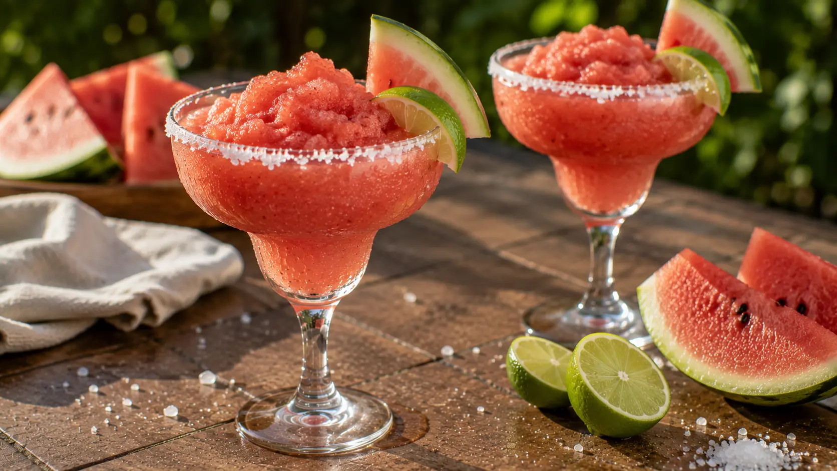 Frozen Watermelon Margaritas with fresh watermelon, lime and salted glass rims.