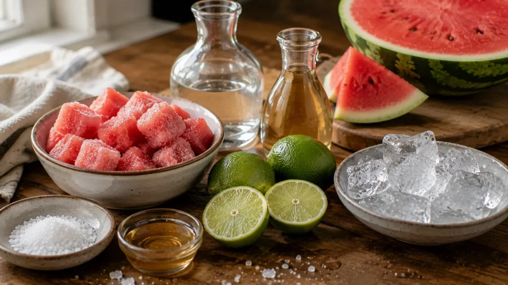 Frozen watermelon, lime, tequila, orange liqueur and agave for a Watermelon Margarita.