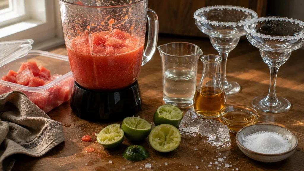 Frozen Watermelon Margarita mixture being blended with watermelon, tequila and lime.