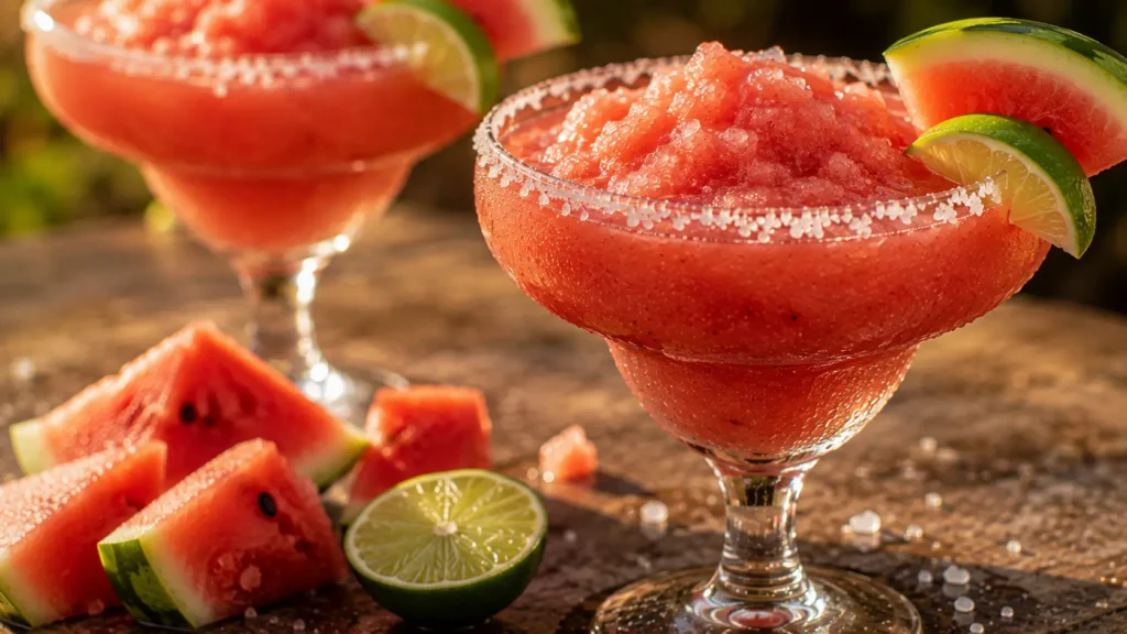 Frozen Watermelon Margarita with a salted rim, watermelon wedge and fresh lime.