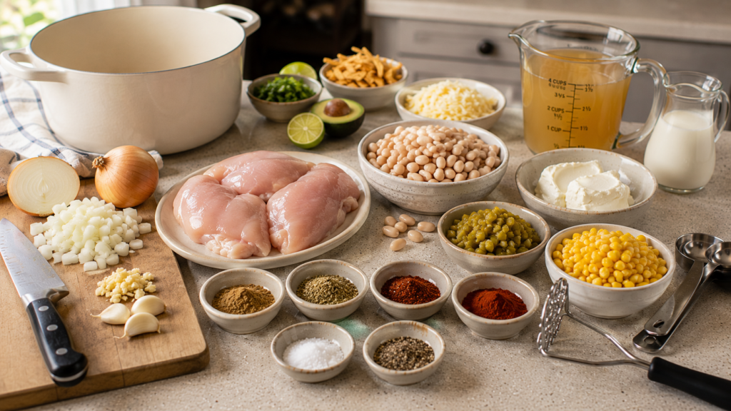 Chicken, white beans, corn, green chiles, cream cheese, broth, lime, and spices for white chicken chili.