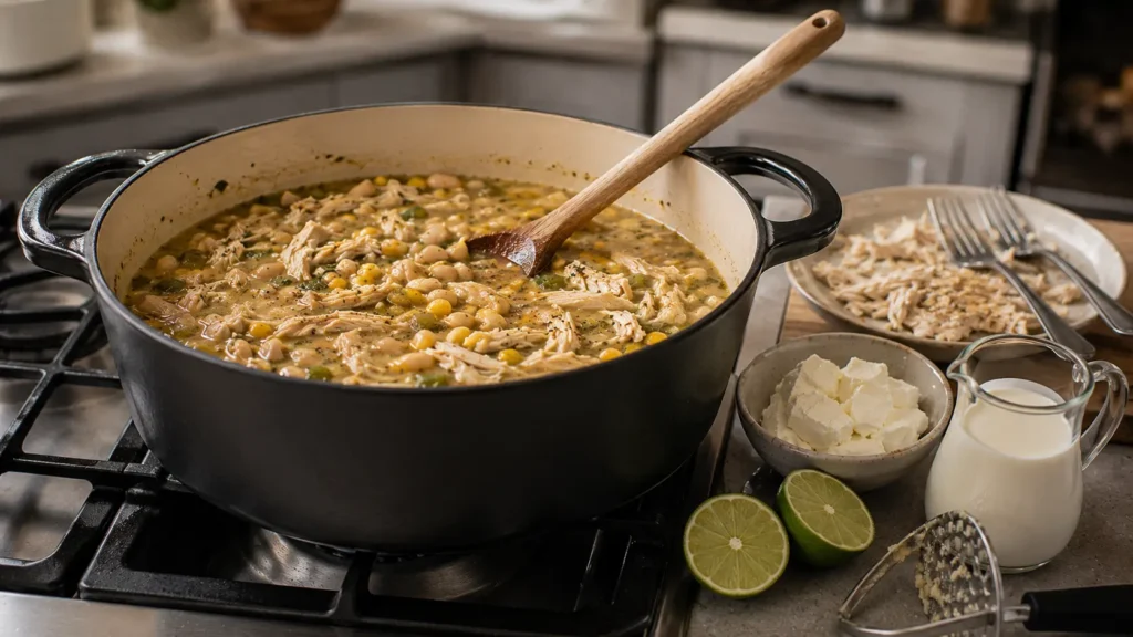 Shredded chicken, white beans, corn, and green chiles simmering in broth before adding cream cheese and heavy cream.