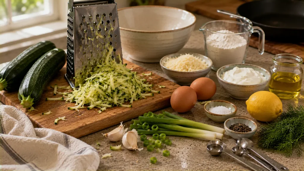 Ingredients for zucchini fritters including fresh zucchini, Parmesan, eggs, green onions, garlic and flour.