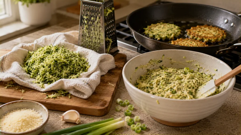 Shredded zucchini being prepared and pan-fried into crispy zucchini fritters.