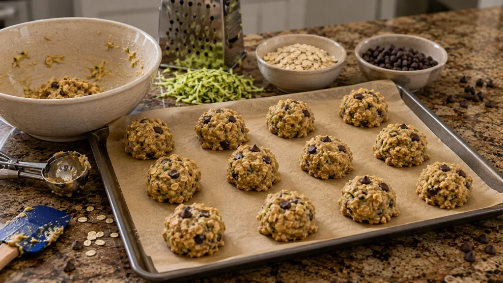 Raw zucchini oatmeal chocolate chip cookie dough portions on a parchment-lined baking sheet before baking.